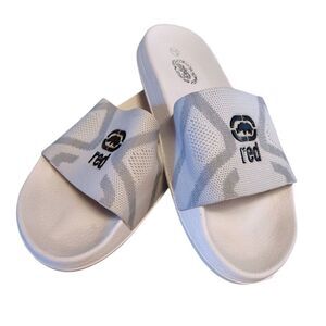 Ecko Unlimited White Grey Black Canvas Logo Slides Sandals Size 7.5